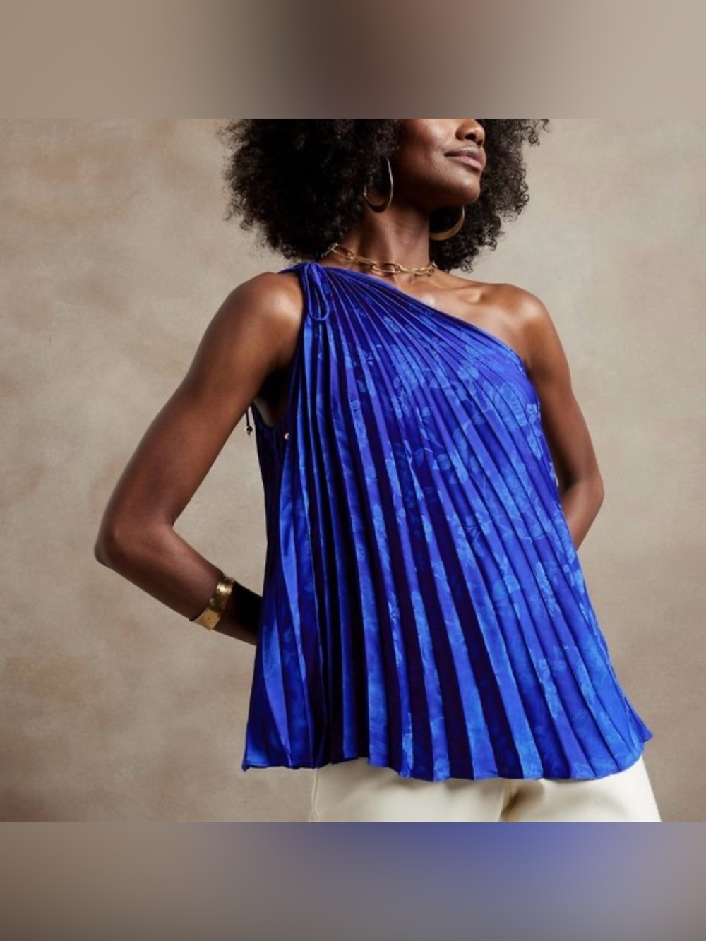 Banana Republic One-Shoulder Pleated Cobalt Blue Top